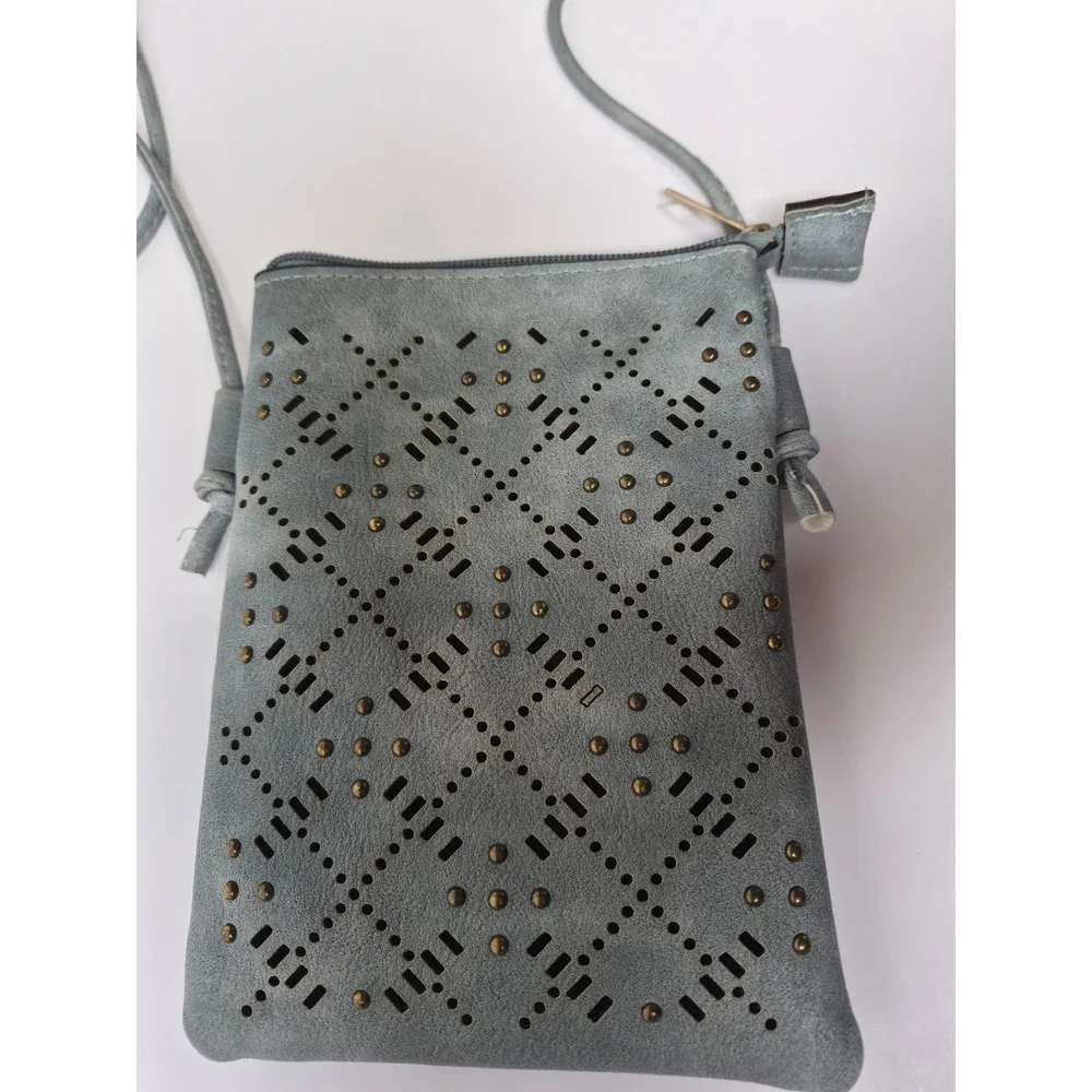 Stay Beautiful Laser Cut Studded Crossbody Phone Bag Blue Faux Suede boho